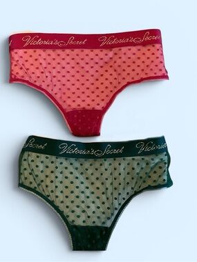 Victoria's Secret Red & Green Polka Dot Mesh Bikini Set. Sz. XL. NWOT